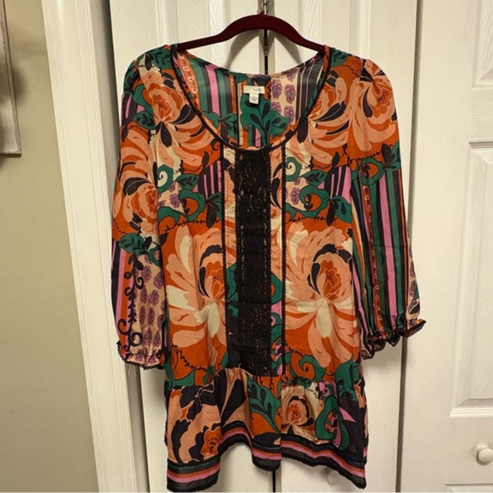 Odille Vibrant Floral Blouse with Black Lace Detail